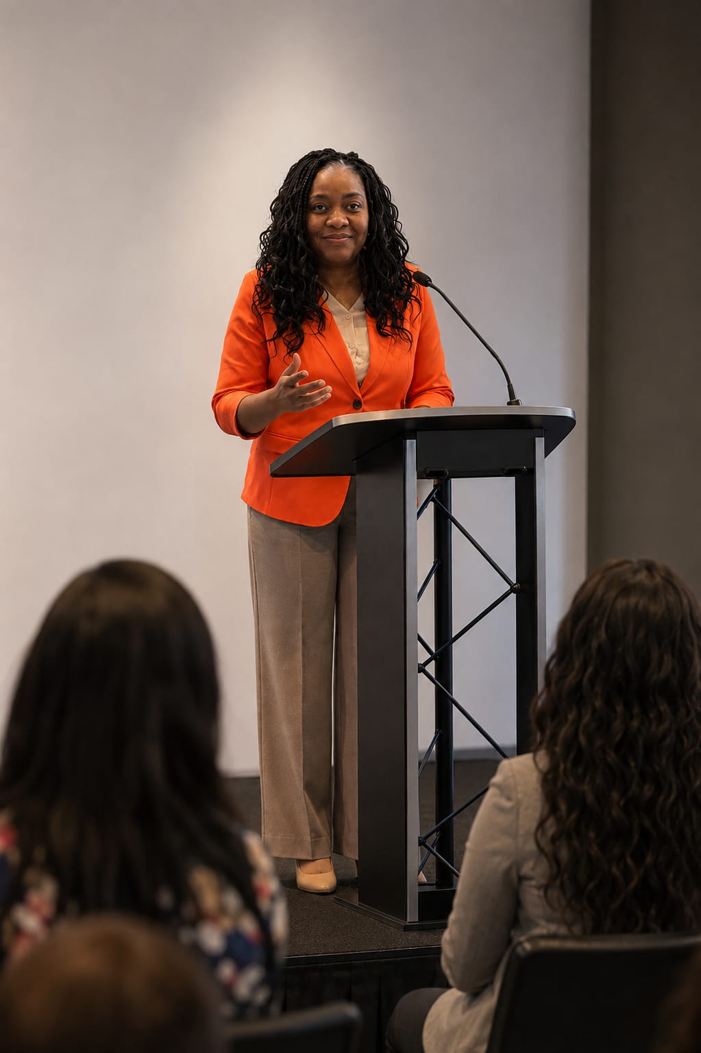 Nadia in an orange blazer speaking at a podium to a seated audience